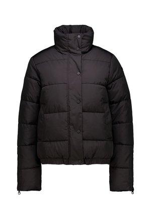 Doudoune noire courte avec un col montant, dotée d'une fermeture à boutons et d'un design matelassé, finie par une silhouette courte et des poignets zippés.