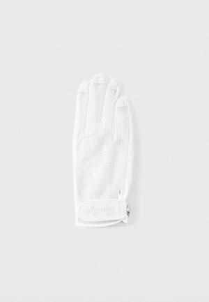 Weißer Netzhandschuh mit einem knopfähnlichen Handgelenksriemen mit der Aufschrift „Batley“, flach auf einem schlichten Hintergrund liegend.