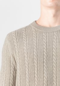 Pull en maille gris clair avec un motif en cable, doté d'une encolure ronde et d'un tissu texturé. Accent sur le détail des côtes verticales.