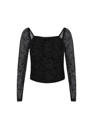 Haut noir à manches longues en maille avec motif floral, encolure carrée et détail froncé au niveau de la poitrine.