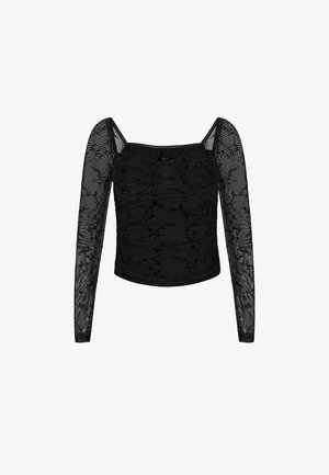 Sort langærmet mesh-top med blomstermønster, firkantet halsudskæring og rynket brystdetalje.