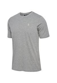 Grå bomulds T-shirt med rund hals, korte ærmer og et lille hvidt chevron-logo på venstre brystområde. Glat tekstur.