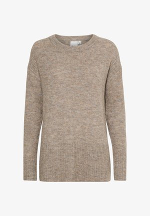 Beige stickad tröja med rund hals, ribbad nederdel och design med sjunkna axlar. Mjuk textur och medelvikt för komfort.