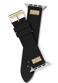 Black silicone watch band with a gold metal buckle. Features a decorative gold and crystal accent. Smooth texture and rectangular shape.