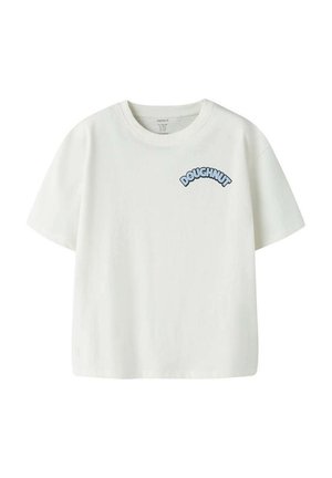 T-shirt blanc en coton à manches courtes, avec un petit texte bleu "DOUGHNUT" sur le côté gauche de la poitrine, col rond et coupe décontractée.