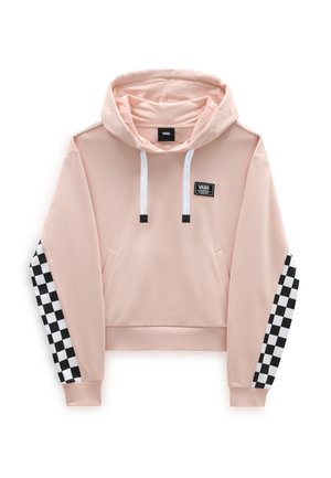 Jasnoróżowa bluza Vans z kapturem, białymi sznurkami, czarno-białym wzorem w kratkę na rękawach oraz przednią kieszenią kangurzą.
