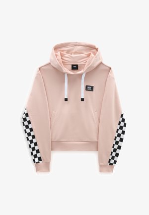 Jasnoróżowa bluza Vans z kapturem, białymi sznurkami, czarno-białym wzorem w kratkę na rękawach oraz przednią kieszenią kangurzą.