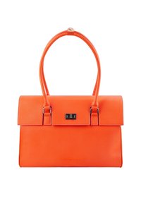 Sac à main en cuir grainé orange avec un design structuré. Comprend deux poignées supérieures et une fermeture magnétique avec un accent de ferrure rectangulaire argentée.