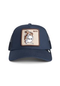 Marineblaue Trucker-Kappe mit Netzrücken, versehen mit einem gestickten Eichhörnchen-Emblem und dem Wort "NÜSSE" auf einem beigen Patch.