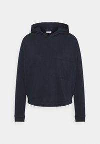 Granatowy, krótki hoodie wykonany z miękkiej bawełny, z przednią kieszenią, długimi rękawami i kapturem ze stoperem. Gładka tekstura z ściągaczami przy mankietach.