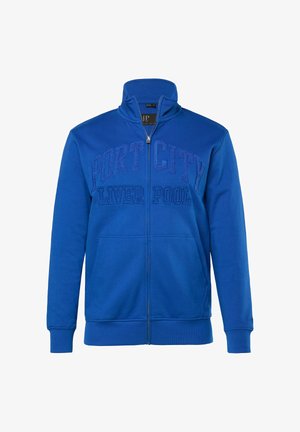 Królewsko niebieska bluza rozpinana na zamek z wysokim kołnierzem, z teksturowanym graficznym napisem "PORT CITY LIVER POOL" na piersi oraz przednimi kieszeniami.