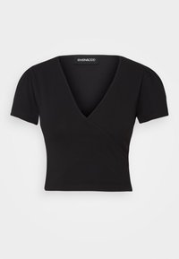 Haut noir à manches courtes avec un décolleté en V et un design enroulé. Fabriqué en tissu doux, il présente des manches légèrement bouffantes et des lignes épurées et simples.