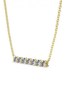 Collana in oro con una barra orizzontale adornata da otto gemme rotonde e trasparenti, che conferiscono un aspetto luminoso e riflettente.