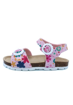 Sandales roses avec des motifs floraux, sangle réglable, finitions blanches, matériau semblable au cuir, semelle en liège et semelle en caoutchouc blanche.