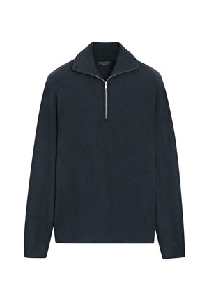 Maglione a maglia blu navy scuro con collo a mezza zip, texture a coste e maniche lunghe, caratterizzato da un design semplice e pulito.