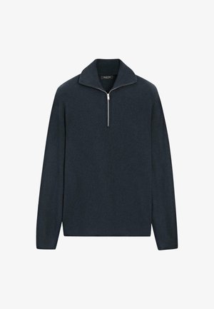 Maglione a maglia blu navy scuro con collo a mezza zip, texture a coste e maniche lunghe, caratterizzato da un design semplice e pulito.