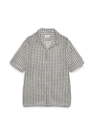 Kurzärmliges Hemd mit Knopfleiste, schwarzem und weißem geometrischem Rastermuster und einem Hemdkragen.