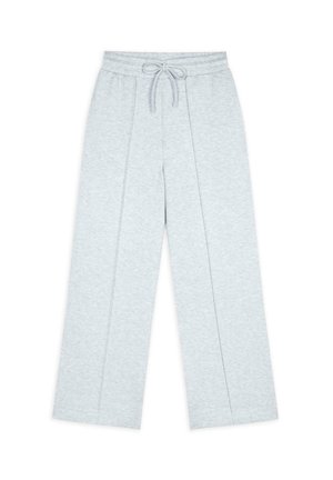 Pantaloni della tuta grigi chiari con vita elasticizzata e coulisse. Presentano gambe larghe e dettagli di cuciture verticali per un design aggiunto.