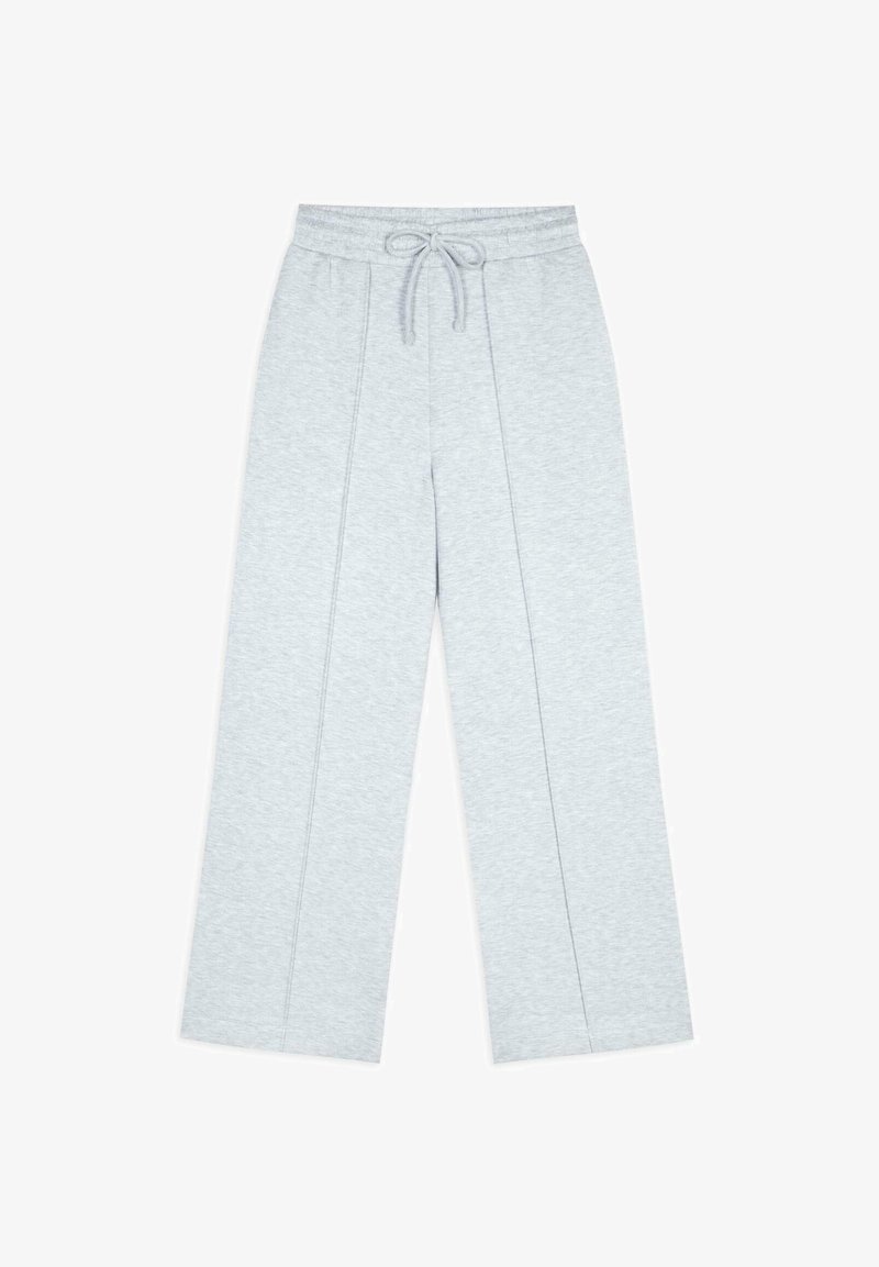 Lichtgrijze sweatpants met een elastische tailleband en draagkoord. Beschikt over wijde pijpen en verticale naaddetails voor extra ontwerp.