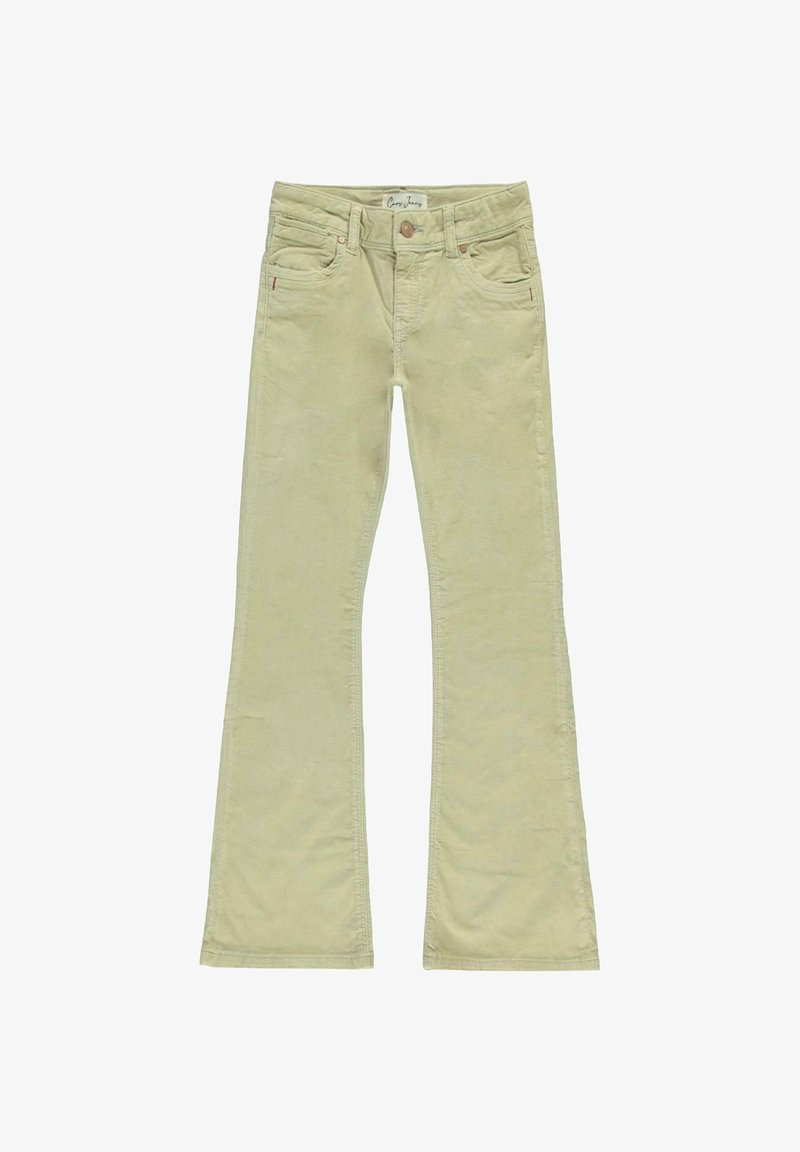 Lichtgroene, uitlopende jeans van zachte katoen. Voorzien van voorzakken, een enkele knoopsluiting en subtiele stikseldetails.