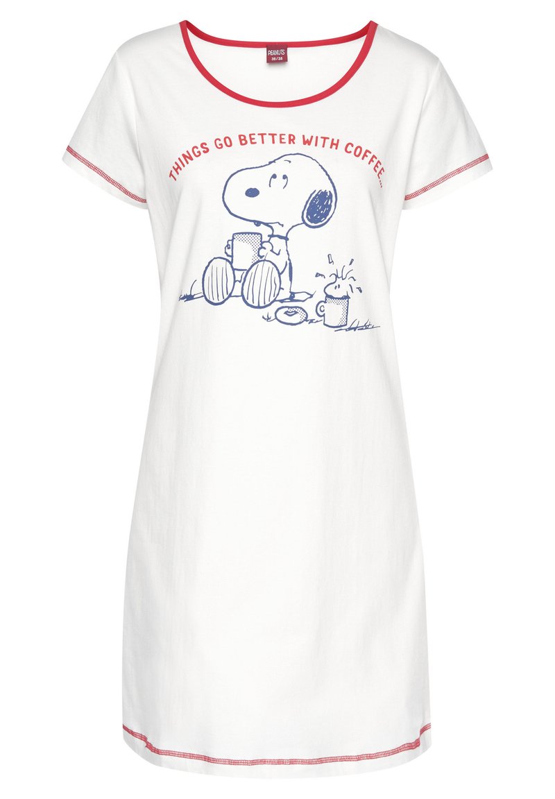 White cotton nightgown with red trim featuring a blue Snoopy graphic stating, "Things go better with coffee" and cartoon coffee cup designs.