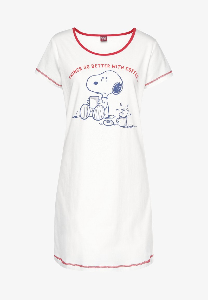 White cotton nightgown with red trim featuring a blue Snoopy graphic stating, "Things go better with coffee" and cartoon coffee cup designs.