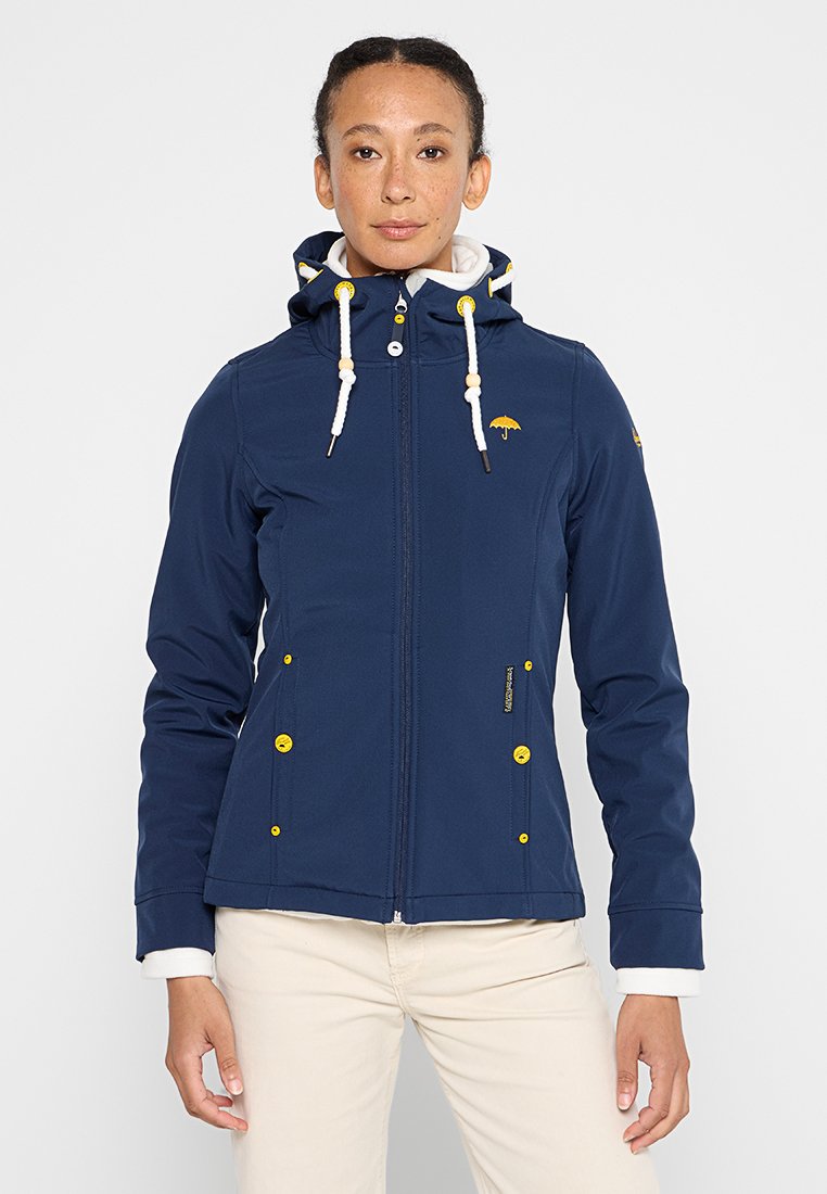 Dunkelblaue Damenjacke mit Kapuze, gelben Akzenten und Kordeln. Hergestellt aus weichem, glattem Material, mit Reißverschluss- und Knopfverschlüssen.