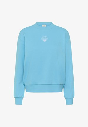 Sweat-shirt bleu clair à col rond avec un petit motif de coquillage blanc centré sur la poitrine, poignets et ourlet côtelés.