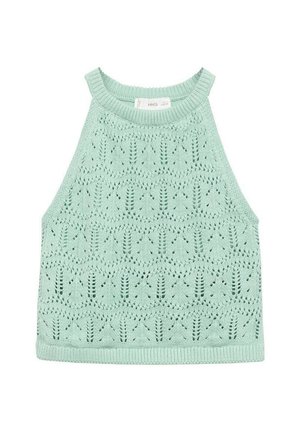Miętowy, dziergany top bez rękawów z wysokim kołnierzem i koronkowym wzorem na całej tkaninie.