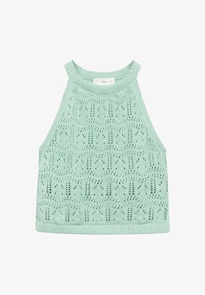 Top sans manches en maille vert menthe avec un col montant et un motif dentelle sur tout le tissu.