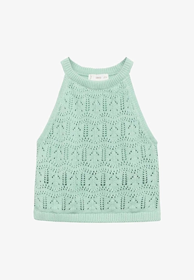 Top sans manches en maille vert menthe avec un col montant et un motif dentelle sur tout le tissu.