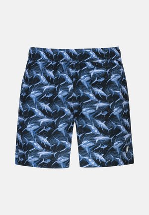 Shorts de bain bleus à motifs, avec un fond sombre orné de poissons et de vagues, taille élastique et coupe décontractée.