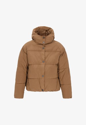 Brown puffer jacket featuring a high neckline, button closure, and quilted design with horizontal sections. Soft, lightweight fabric.