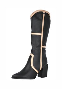 Botas negras hasta la rodilla con tacón cuadrado, que cuentan con acentos beige y punta afilada. Hechas de material sintético suave con costuras en contraste.