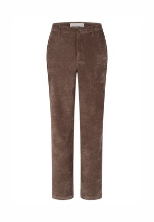 Braune Cordhosen mit einer weichen Textur, geradem Schnitt und einem einzigen Knopfverschluss an der Taille. Keine sichtbaren Muster oder Akzente.