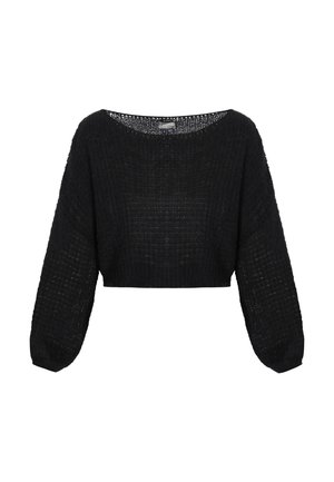 Sort strikket cropped sweater med lange ballonærmer og en bred rund halsudskæring, præsenteret på en hvid baggrund.