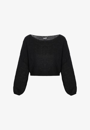Sort strikket cropped sweater med lange ballonærmer og en bred rund halsudskæring, præsenteret på en hvid baggrund.