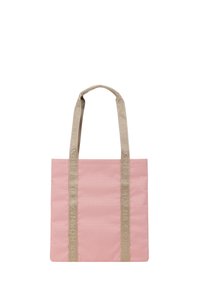 Pink tote bag with prominent beige fabric straps featuring embossed lettering. Rectangular shape with a smooth texture.