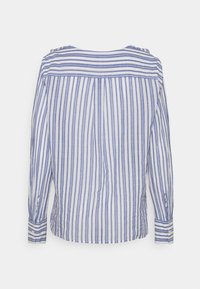 Camicia a righe in lino blu e bianco, con maniche lunghe, polsini abbottonati e una vestibilità rilassata con orlo arrotondato sul retro.