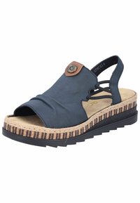 Ciemnoniebieskie skórzane sandały z odkrytymi palcami i wsparciem dla łuku. Posiadają teksturowaną, paskową podeszwę na obcasie oraz okrągły metalowy akcent na pasku.