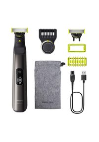 Philips OneBlade electric trimmer, gray with black accents, features a display, USB charger, accessories, and fabric storage pouch.