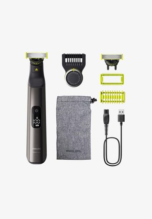 Philips OneBlade elektrische trimmer, grijs met zwarte accenten, voorzien van een display, USB-oplader, accessoires en een stoffen draagtas.