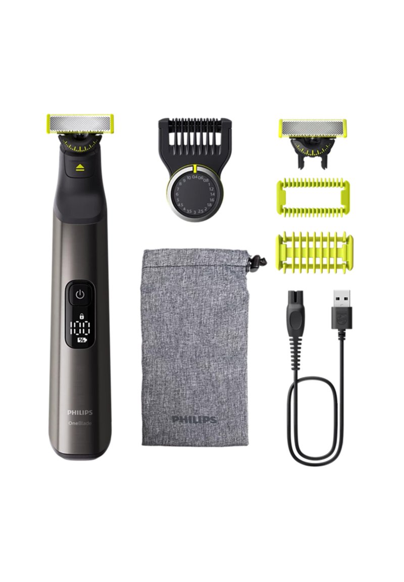 Philips OneBlade electric trimmer, gray with black accents, features a display, USB charger, accessories, and fabric storage pouch.