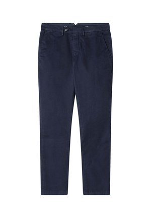 Pantaloni in cotone blu navy con taglio dritto, tasche frontali e chiusura con bottone classico. Texture liscia e stile minimalista.