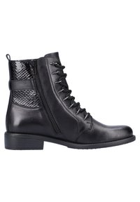 Bottes de cheville en cuir noir avec un bout rond, fermeture à lacets à l'avant, fermeture éclair sur le côté et détails de panneaux texturés. Talon bas et finition lisse.