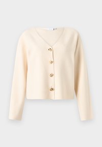 Κρεμ ζακέτα με λαιμόκοψη V, που διαθέτει πέντε κουμπιά σε χρυσό τόνο μπροστά και μακριά μανίκια. Απαλή, λεία υφή.