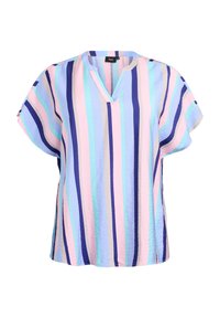 Korte mouwen, V-hals top met verticale strepen in tinten van blauw, roze en beige. Gemaakt van lichtgewicht stof met een vloeiende silhouette.