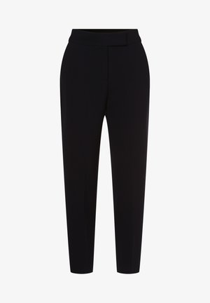 Schwarze Hosen mit glatter Textur, ausgestattet mit geradem Bein, Bund und ohne sichtbare Verschlüsse oder Taschen.