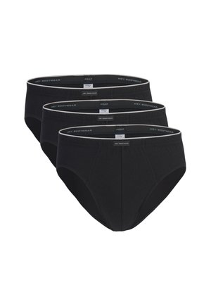 Drie zwarte herenslips met elastische taillebanden diagonaal gestapeld, elk gelabeld met "Mey Bodywear" op de tailleband en middenvoor.