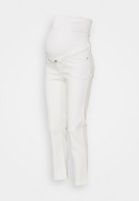 Jeans de maternidad blancos con una cintura suave y elástica, diseño de pierna cónica y cierre con botones, confeccionados con un tejido de mezclilla suave.